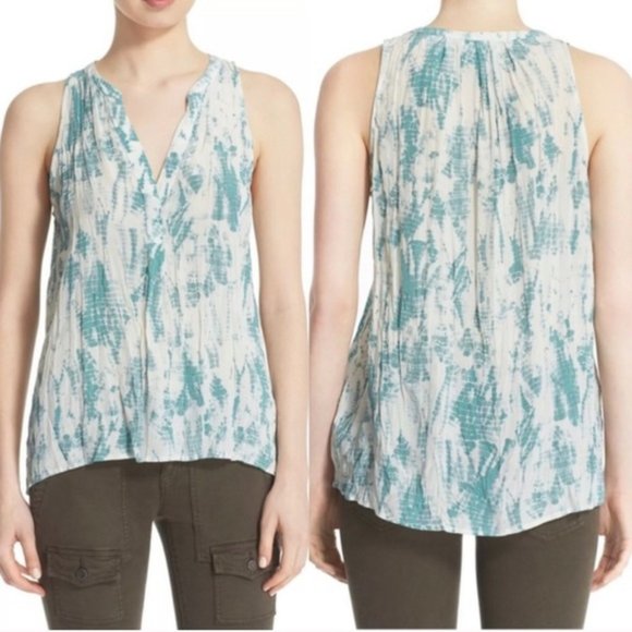 Joie ARUNA Tie-dye Silk Tank Top Blouse Tunic Pleated Back Aqua Blue NEW Women's